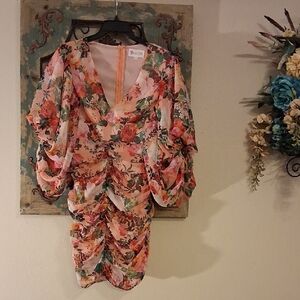 Pink Multicolor Floral V-Neck Puff-Sleeve Ruched Mini Dress NWOT Size S